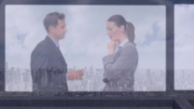 Animation of slides with diverse business people over cityscape. Global business, finances, computing and data processing concept digitally generated video.