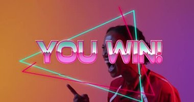 Animation of you win text over female rugby player on neon background. Sports and communication concept digitally generated video.