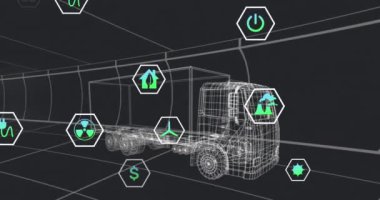 Animation of multiple digital icons over 3d truck model in seamless pattern on black background. Automobile engineering and business technology concept