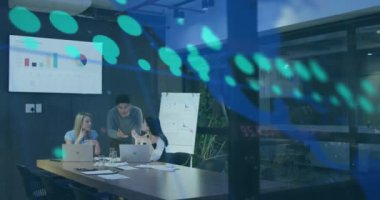 Animation of financial data processing over diverse business people. Global business, finances, computing and data processing concept digitally generated video