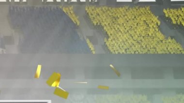 Animation of multiple media icons and golden confetti falling against stands in sports stadium. Social media networking and sports concept
