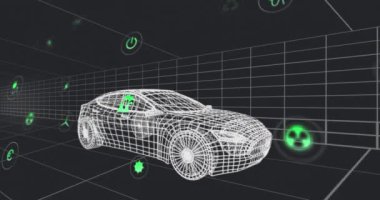 Animation of digital icons over 3d car model moving in seamless pattern against black background. Automobile engineering technology concept