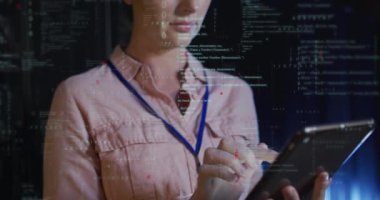 Animation of data processing over caucasian female it engineer and computer servers. Global computing and data processing concept digitally generated video