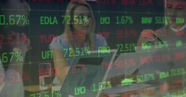 Animation of financial data processing over diverse business people. Global business, finances, computing and data processing concept digitally generated video.