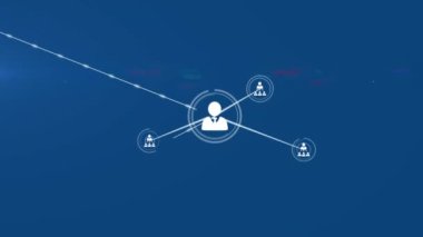 Animation of network of connections with icons over blue background. Global networks, computing and data processing concept digitally generated video.