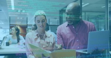 Animation of financial data processing over diverse business people. Global business, finances, computing and data processing concept digitally generated video.