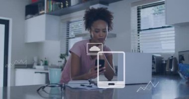 Animation of data processing over african american businesswoman. Global business, finances, computing and data processing concept digitally generated video.