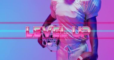 Animation of level up text over american football player and neon lines. Sports and communication concept digitally generated video.