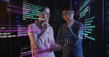 Animation of data processing over diverse it engineers and computer servers. Global computing and data processing concept digitally generated video