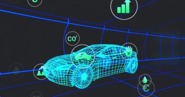 Animation of digital icons over 3d car model moving in seamless pattern against black background. Automobile engineering technology concept