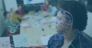Animation of data processing over diverse business people working in office. Global business, finances, computing and data processing concept digitally generated video.