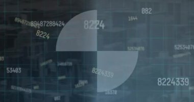 Animation of round scanner and multiple changing numbers over microprocessor connections. Computer interface and business technology concept