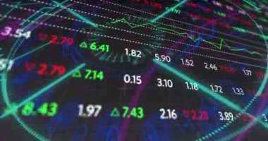 Animation of scope scanning over financial data processing on black background. Global business, finances and digital interface concept digitally generated video.
