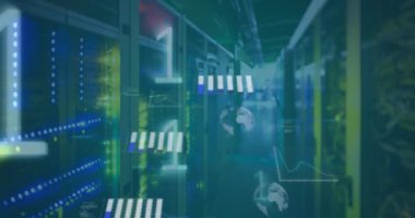 Animation of data processing and binary coding against computer server room. Computer interface and business data technology concept