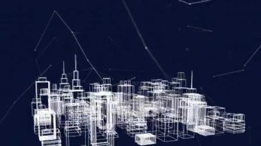 Animation of digital city over network of connections on black background. Global technology and digital interface concept digitally generated video.