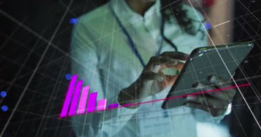 Animation of data processing over african american female it engineer and computer servers. Global computing and data processing concept digitally generated video