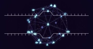 Animation of globe of glowing blue digital icons spinning against black background. Global networking and business technology concept