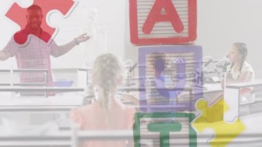 Animation of puzzle pieces and autism text over diverse schoolchildren and teacher. Autism awareness month concept digitally generated video.