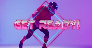 Animation of get ready text over american football player and neon diamonds. Sports and communication concept digitally generated video.