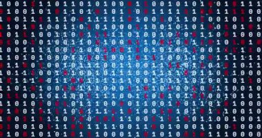 Animation of data processing over shapes on blue background. Global business, finances and digital interface concept digitally generated video.