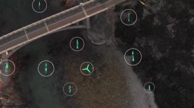 Animation of sustainability and ecology icons over landscape. Ecology, sustainability and data processing concept digitally generated video