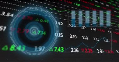 Animation of scope scanning over financial data processing on black background. Global business, finances and digital interface concept digitally generated video.
