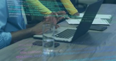 Animation of data processing over diverse business people working in office. Global business, finances, computing and data processing concept digitally generated video.