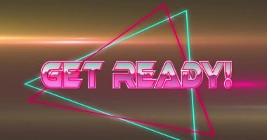 Animation of get ready text banner against light trails against brown background. Video game interface and business technology concept