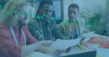 Animation of data processing over diverse business people working in office. Global business, finances, computing and data processing concept digitally generated video.