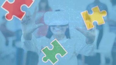 Animation of puzzle and globe over happy biracial woman using vr headset. Autism awareness month, celebration and digital interface concept digitally generated video.