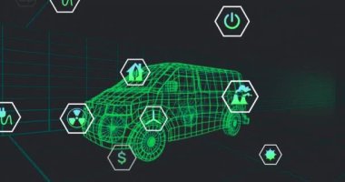 Animation of multiple digital icons over 3d van model moving in seamless pattern on black background. Automobile engineering and business technology concept