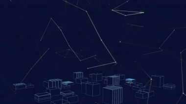 Animation of digital city over network of connections on black background. Global technology and digital interface concept digitally generated video.
