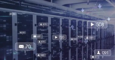 Animation of multiple social media icons against mosaic squares over computer server room. Social media networking and business data storage technology concept