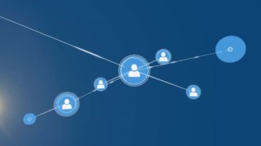 Animation of network of profile icons and light spot against blue background. Global networking and business technology concept