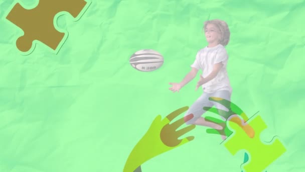 Animation Puzzle Hands Happy Caucasian Boy Rugby Ball Autism Awareness — Vídeos de Stock