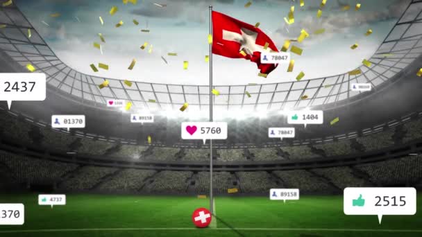 Animation Social Media Icons Confetti Falling Waving Switzerland Flag Sports — Video