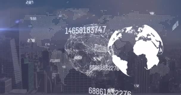 Animation Globe Map Changing Numbers Connected Dots Modern Cityscape Digital — Vídeo de stock