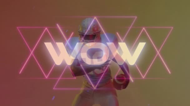 Animation Wow Text American Football Player Neon Background Sports Communication — Stockvideo