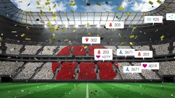 Animation Social Media Icons Confetti Crowd Japan Flag Stands Sports — Stockvideo