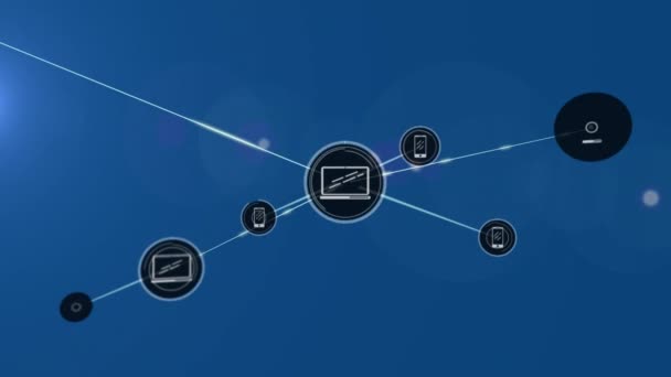 青の背景にアイコンとの接続のネットワークのアニメーション グローバルネットワーク コンピューティング データ処理の概念デジタル生成されたビデオ — ストック動画