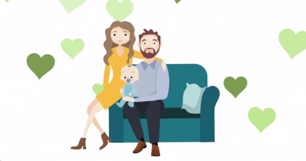 Animation Green Heart Shapes Moving Couple Baby Sitting Sofa White — Wideo stockowe