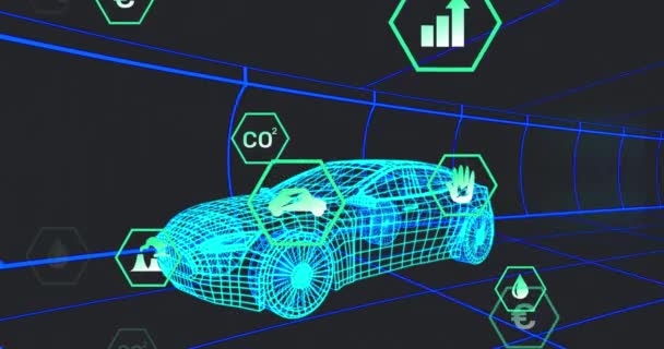 Animation Multiple Digital Icons Car Model Moving Seamless Pattern Black — Vídeo de Stock