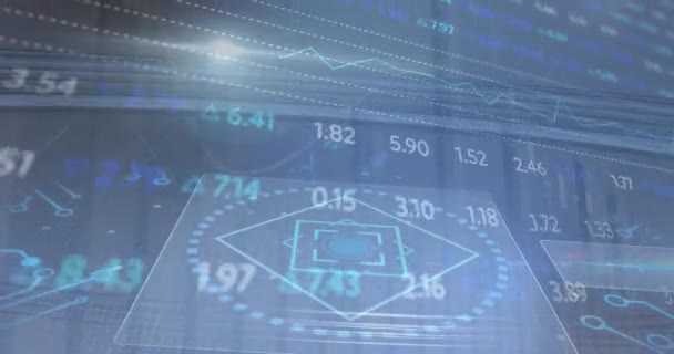 Animation Scope Scanning Financial Data Processing Blue Background Global Business — Vídeo de stock