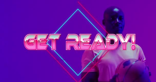 Animation Get Ready Text Neon Lines Basketball Player Neon Background — Video Stock