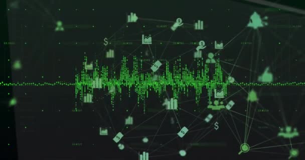 Animation Green Soundwaves Multiple Icons Connected Lines Globe Shape Numbers — Vídeo de stock