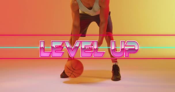 Animation Level Text Neon Lines Basketball Player Neon Background Sports — Vídeos de Stock