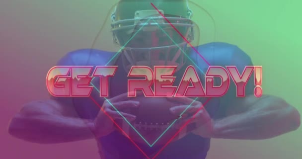 Animation Get Ready Text American Football Player Neon Diamonds Sports — Stock Video