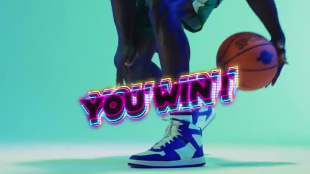 Animation You Win Text Basketball Player Neon Background Sports Competition — Vídeo de Stock