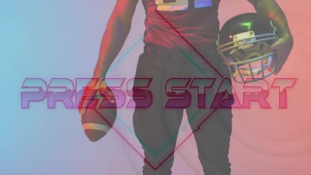 Animation Press Start Text American Football Player Neon Diamonds Sports — Stock video