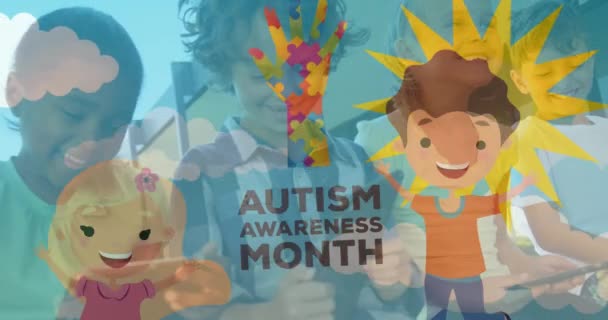 Animation Puzzle Autism Awareness Month Text Diverse Schoolchildren Using Tablet — Stockvideo